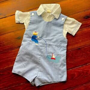Vintage Jayne Copeland sailboat at child applique undershirt Jon Jon romper 2T